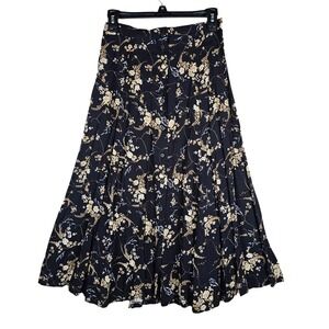 VTG Sag Harbor Petite Floral Print Button Front Maxi Skirt Black Beige Size M